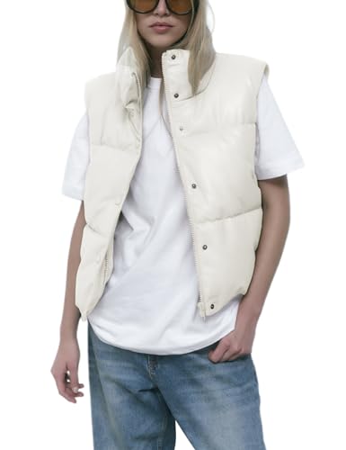 Ailoqing Womens Faux Leather Puffer Vest Zip Up Sleeveless Winter Cropped Jacket(White-XL)