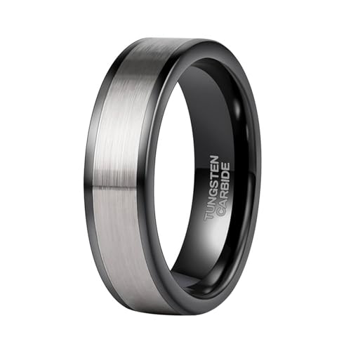 Bague en tungstène de haute qualité : anneau brossé argent et noir 6MM