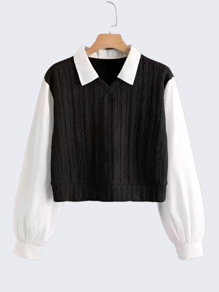 Image of Regular Fit Collared Knit Top for Women, Long Sleeve Casual T-Shirt, Black and White, Rib-Knit Material, Korean Trendy Style