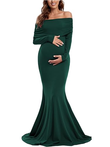 Glampunch Off Shoulders Maternity Dress Long Sleeve Ruched Maternity Gown