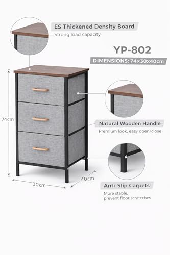 Image of Raawan 3 Layer Drawer Fabric Storage Organizer with Wooden Top and Metal Frame, Modern Dresser Storage Unit for Bedroom, Living Room, Office, Kids Room & Closet, Grey (3 Layer.)