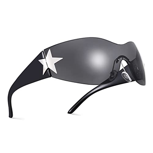 COASION Rimless Y2K Wrap Around Star Sunglasses Women Men 2000s Visor Shield Shades Oversized Fashion Frameless Sun Glasses