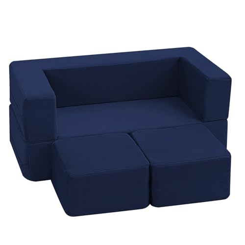 MeMoreCool Convertible Modular Kids Couch – Foam Toddler Sofa with Washable Removable Cover, Soft Plush Fold-Out Floor Couch for Bedroom (Navy)