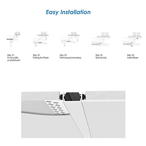 Besseto Plaster-in LED Profile 6 Pack 3.3ft/1m,Spots Free Trimless Plaster Drywall Aluminum LED Profile Channel with Milky Diffuser and End Caps