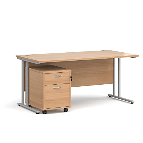 Image of Mr Office Maestro 25 straight desk - with silver cantilever frame and 2 drawer pedestal bundle, Beech, 1600