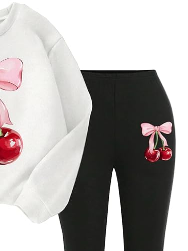 Image of Girls 2 Piece Outfits Long Sleeve Crew Neck Bow Sweatshirt Top and Flare Pants Set
