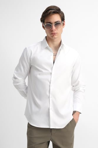 Image of SNITCH Men Formal Shirt | Tailored Slim Fit Full Sleeve Spread Collar Solid Style | Breathable Polyester Viscose Blend Twill Fabric for Office & Evening
