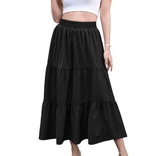 HUSKARY Women Summer Midi Skirt Casual Elastic High Waist Pleated A-Line Flowy Swing Tiered Beach Vacation Skirts With Pockets -Black Small