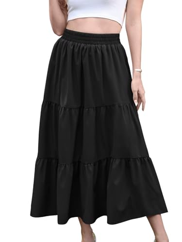 HUSKARY Women Summer Midi Skirt Casual Elastic High Waist Pleated A-Line Flowy Swing Tiered Beach Vacation Skirts