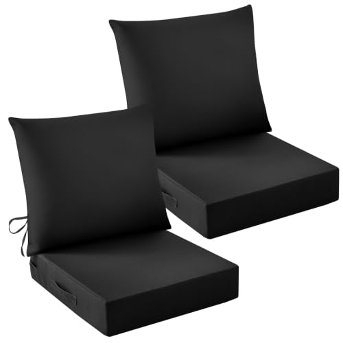Image of Outdoor Chair Cushions, 24 x 24 Inch Outdoor Cushion for Patio Furniture, Patio Chair Cushion, Waterproof & Fade Resistant Deep Patio Furniture Cushions Set with Handle and Ties, Black (Set of 2)
