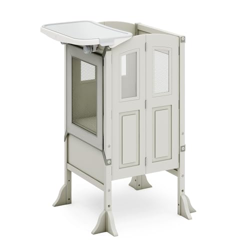 Guidecraft Kitchen Helper Toddler Tower and Mealtime and Play Tray Bundle Martha Stewart Taupe Folding Adjustable Step Stool with Keepers Non Slip Mat and Easy to Clean Detachable Tray Table