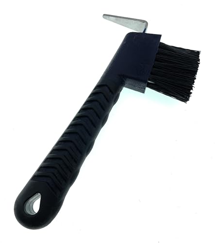 Image of Horse Hoof Pick with Brush - Non-Slip Ergonomic Handle, Heavy-Duty Steel Pick & Stiff Bristles - Removes Dirt, Mud & Rocks - Horse Grooming Tool for Daily Hoof Care (Black)