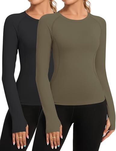 Loovoo Workout Tops for Women 1/2 Pack Long Sleeve Athletic Shirts with Thumb Holes Breathable Quick Dry Yoga T-Shirts