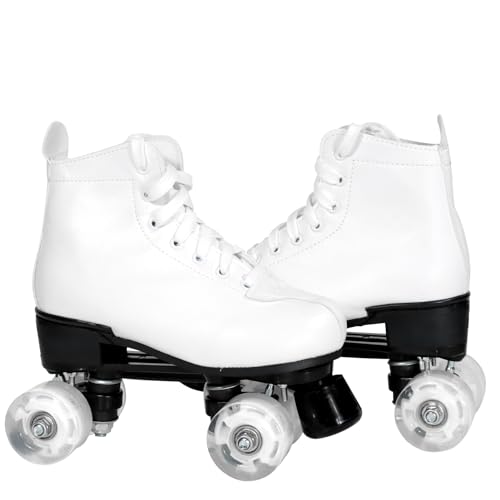 Wiwiy Roller Derby Skates for Women and Men,White Roller Skates for Outdoor Indoor, Adjustable Four Shiny Wheel Roller Skates