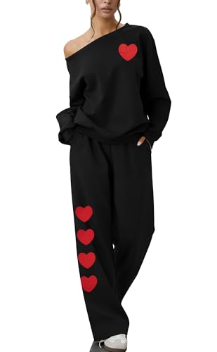 MNLYBABY Women's Valentines Day Outfit Heart Sweatshirt Love Print Wide Leg 2 Piece Set Off Shoulder Y2k Casual