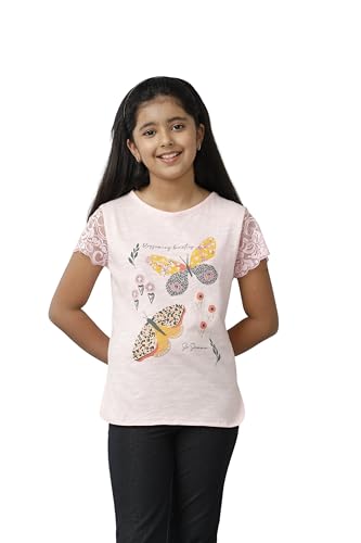 Image of Girls Cotton Tops Collection - Round Neck, Crop Top, Full & Half Sleeve, Drop Shoulder, Ruffle Sleeve, Graphic Printed, Embroidered & Slub Knit Styles, Soft Breathable Fabric for Kids Casual Wear