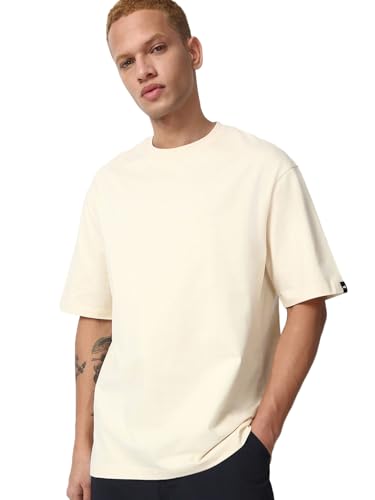 Image of Bewakoof Men's Cotton Solid Super Loose Fit Half Sleeve Round Neck T-Shirt | Casual Wear | Street Wear | Oversized t Shirt for Men Cotton| Baggy