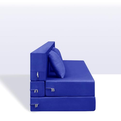 Image of Foldable 2-Seater, 4X6 Sofa Bed | Convertible Sofa Cum Bed with Cushion Jute Fabric Perfect for Living Rooms & Guest Rooms - Blue