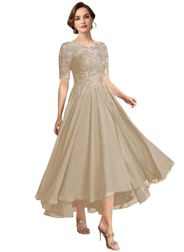 Image of Mother of The Bride Dresses Short Sleeve Lace Appliques Chiffon Formal Evening Dresses for Women IMR040