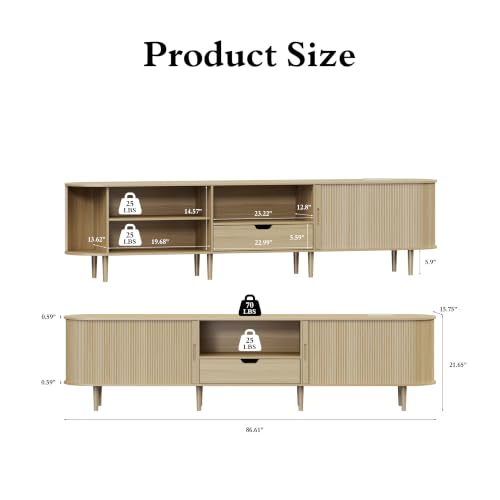 Image of DHH 86.6 inch Fluted TV Stand with Power Outlet for TVs up to 90 inch, TV Console with Adjustable Shelves and Sliding Door,Mid Century Modern Entertainment Center for Living Room,Bedroom (Natural Wood)