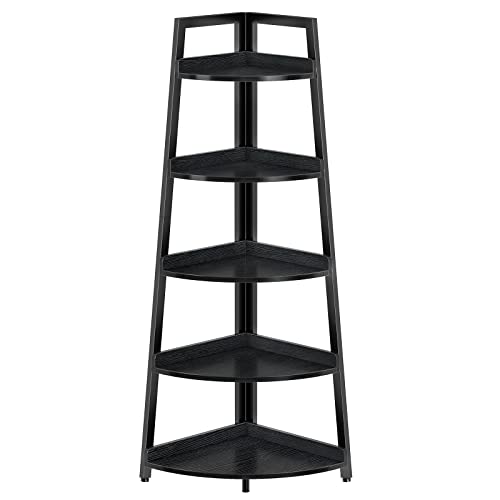 Rolanstar Estante de esquina, estante de escalera de esquina de 5 niveles con bordes de borde, estante de exhibición multiusos para sala de estar, oficina en casa, baño, espacio pequeño, negro Cover