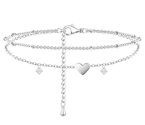 Sterling Silver Anklet Bracelets for Women Waterproof, 925 Sliver Plated CZ & Heart Charm Dainty Layer Anklets for Women Trendy, Simple Chain Anklets Set Gifts for Women, Mother Day Jewelry Gifts for Her Women Mom Wife Girlfriend
