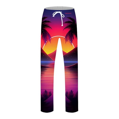 Generic Mens Linen Pants Beach Hawaii Print Casual Summer Casual Pants Elastic Waist Drawstring Baggy Trousers with Pockets, X-Large, #B5 Red3