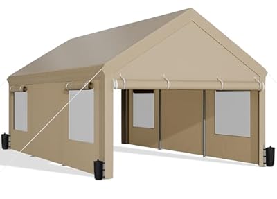 JAMFLY Carport, 12x20 ft Heavy Duty Carport Canopy with Roll-up Windows, Portable Garage with Removable Sidewalls & Doors, Car Canopy with All-Season Tarp for Car, Truck, Boat