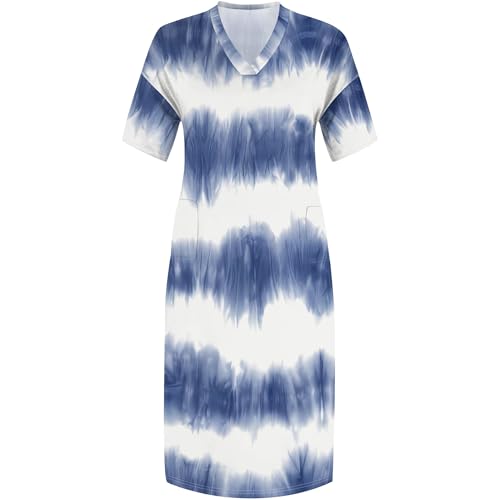Image of Women Casual T-Shirt Dress V Neck Short Sleeve Solid Color Oversize Dress with Front Two Pockets