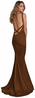 JNXIANGW Mermaid Satin Prom Dresses Backless Spaghetti Straps Long Formal Evening Gowns for Women Cocktail Party Dress Brown