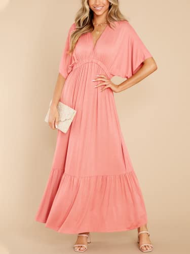 Image of DEEP SELF Women's Summer V Neck Batwing Short Sleeve Maxi Dress Casual Loose High Waist Flowy Long Beach Dress