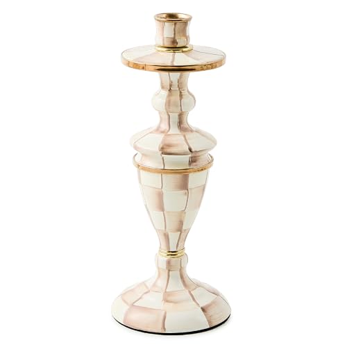 MACKENZIE-CHILDS Enamel Candlestick, Medium, Brown-and-White Mocha Check
