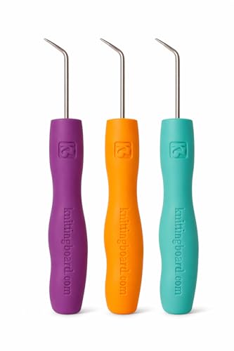 Authentic Knitting Board Ergonomic Loom Knitting Hook/Tool Loom Hook Tool with Rubber Comfort Grip Easy on Wrists & Arthritic Hands Fits All Knitting Looms (3 Pack) Orange Purple Green Hooks