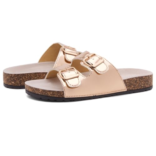 Image of Herstyle Womens Cork Footbed Slides for Women, Double Strap Flat Sandals, Adjustable Buckle Comfort Slip On Shoes, Summer Beach Casual Walking Slippers
