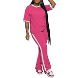 PINSV 2 Piece Sets for Women Summer Casual Short Sleeve Top and Flare Pants Lounge Sets Rose Red XL