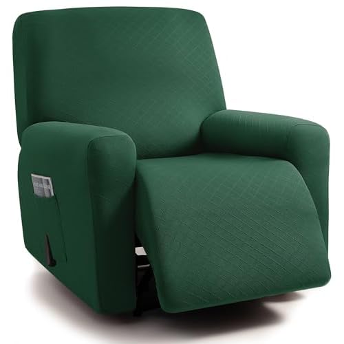 ULTICOR Squared Jacquard Design, 4-Piece, 1 Seat Recliner Cover, Reclining Chair Covers for 1 Cushion Reclining Sofa, Single Seat Recliner Couch Cover, Washable (Recliner Cover, Retro Green)