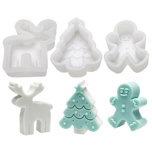 Juego de 3 moldes de silicona navideños en 3D con forma de alce árbol pan de jengibre y velas. Aptos para lavavajillas. Ideales para hacer velas resina jabón y otros regalos.