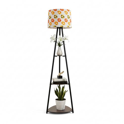 Image of Tripod Metal Floor Lamp with Shelves Stylish Standing Lamp for Living Room Decoration Bedroom Corner Stand Aesthetic Home Decor LED Bulb Included Retro Flower