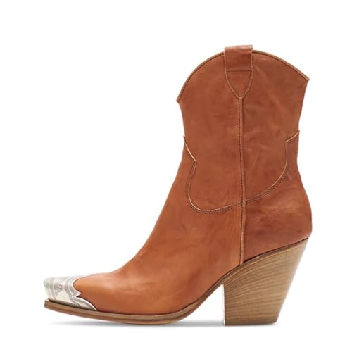 Image of keleimusi Women's Western Cowgirl Ankle Boots Stacked Block Heel Cowboy Booties Steel Toe Heeled Short Cowboy Boots Western Booties