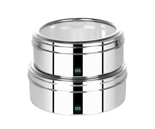 Image of MARU Stainless Steel Round Storage Containers Fod Kitchen Set of 2 Pcs (1.6Ltr & 2.2Ltrs), Stackable & Durable Storage Dabba Set With See-through Lids, Multipurpose Canister For Chapati & Puri Dabba