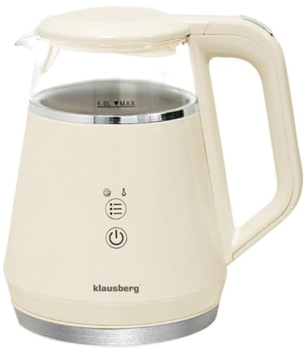 Klausberg Bouilloire électrique avec panneau de commande tactile LED, 5 modes de température, 1 litre, crème, verre borosilicate et acier inoxydable, 900-1100 W