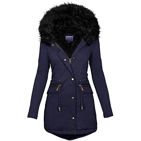 Fashion Women Slim Long Jacket Casual Winter Thick Warm Mid-long Plush Hooded Fur Collar Parkas Jackets Female Pockets Snow Coat(Navy,2XL) Cover