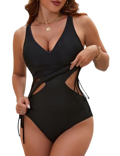BMJL Womens One Piece Swimsuit Mesh Tummy Control Bathing Suit V Neck Cut Out Adjustable Straps Swimwear