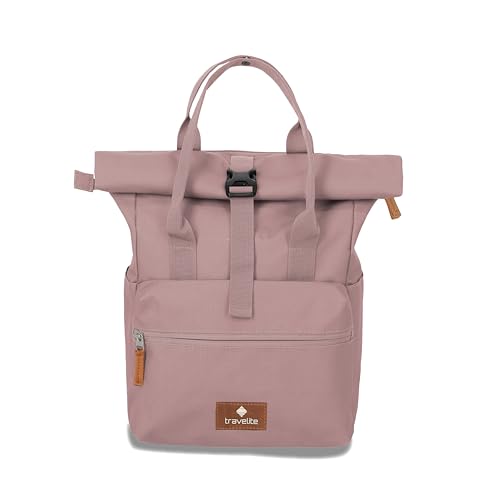 Travelite Handgepäck Rucksack, Laptop Rucksack 14 Zoll, Basics Short Handle Rollup, Reiserucksack Rolltop Funktion, Smoky Rose, 37-46 cm, 14 Liter