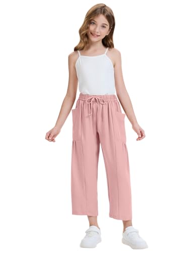 Image of COZYPOIN Girl's Wide Leg Pants Elastic Waist Loose Fit Flowy Casual Beach Palazzo Harem Trousers with Pockets 5-14 Y(DarkPink-L)
