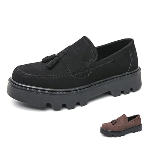 Men's Suede Tassel Platform Round Toe Casual Loafers Classic Retro Lug Sole Non Slip Chunky Heel Dress Business Penny Loafers for Party Formal Work Wedding