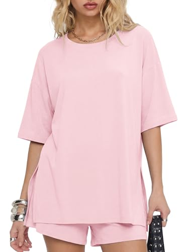Image of Darong Women's 2 Piece Shorts Set Loungewear | oversized tshirts,crew neck top,drawstring shorts,elastic waist, side pockets,summer travel outfits