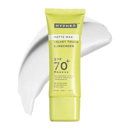Hyphen Matte Max Velvet Touch Crème solaire SPF 70+ Pa++++Protection solaire Hydrate et apaise la peau Protection UV 12 heures Protection solaire SPF No White Cast, Combinaison 30 g (1 pièce