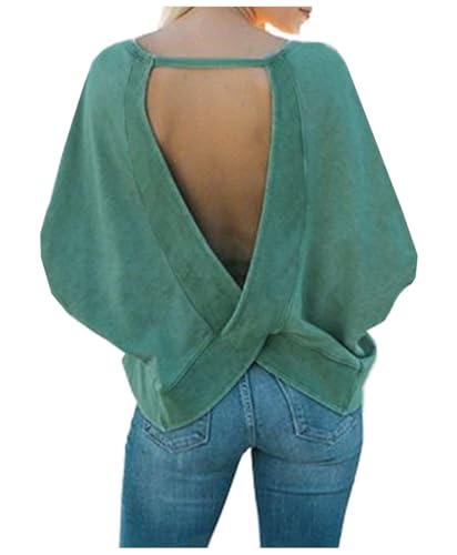 Womens Backless Loose Shirt Long Sleeve Open Back Cross Tee Top Blouse