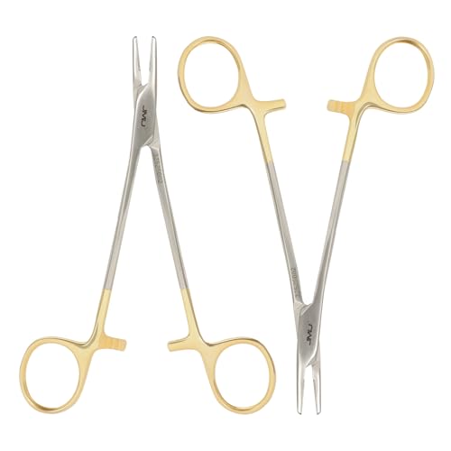 Image of JMU 2 Pcs Mayo Hegar Needle Holder 6 inch, Gold Plated Surgical Needle Driver with Strong Lock, Serrated Jaws for Precise Suturing